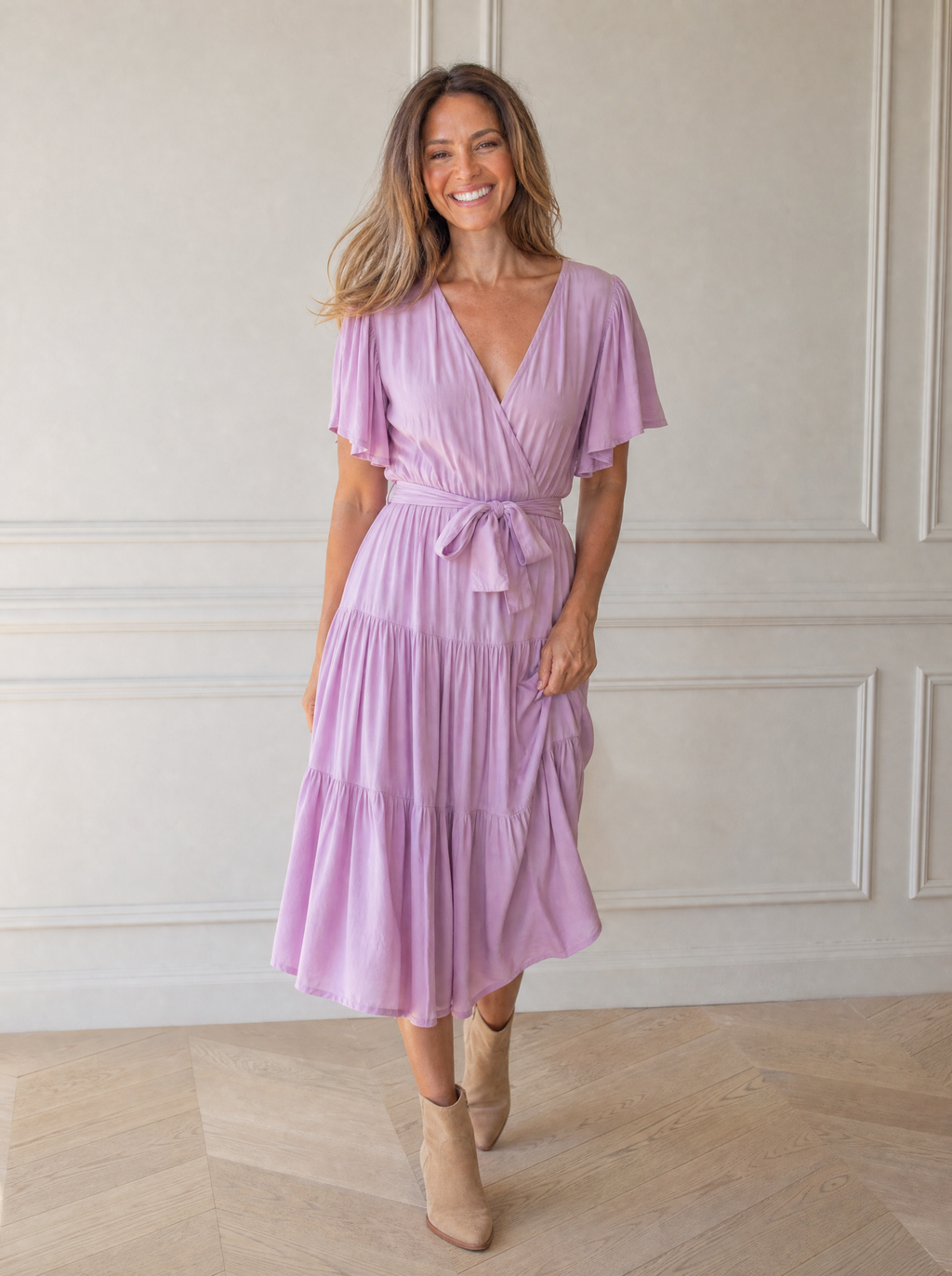 Tied Back Tiered Short Sleeve Midi Dress - front