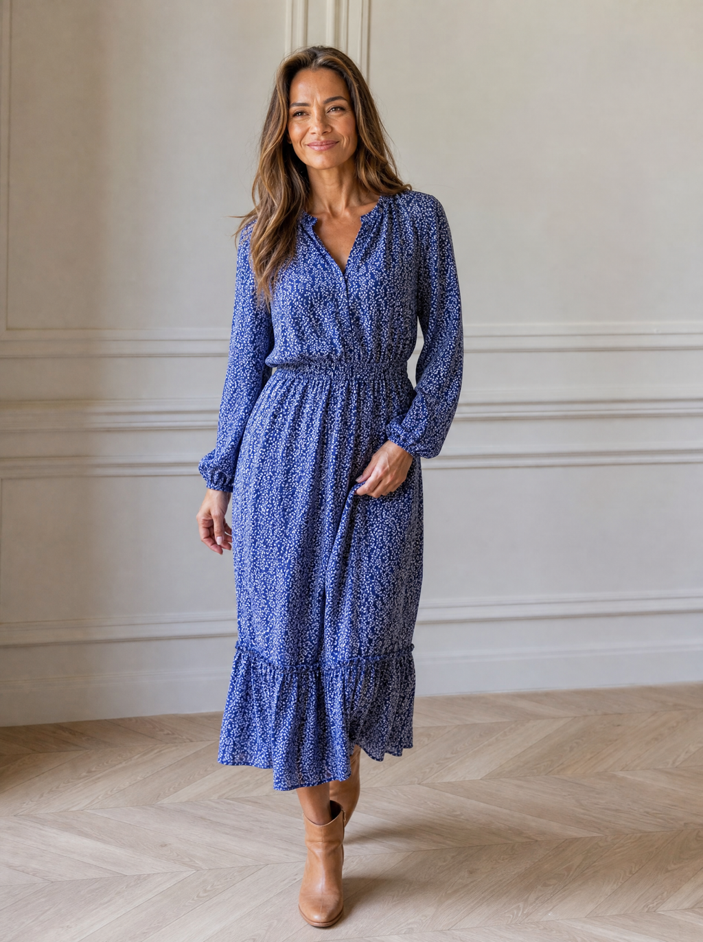 Floral Print Long-Sleeve Ruffle Hem Midi Dress - front