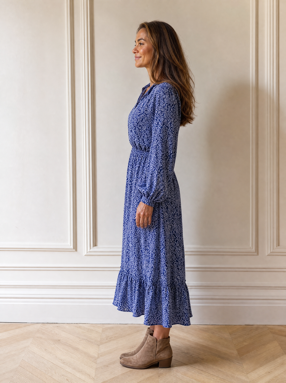 Floral Print Long-Sleeve Ruffle Hem Midi Dress - side