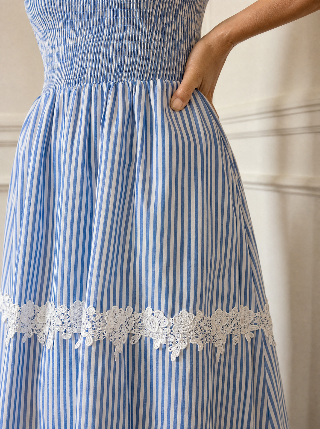 Striped Smocked Lace Trim Midi Dress - detail