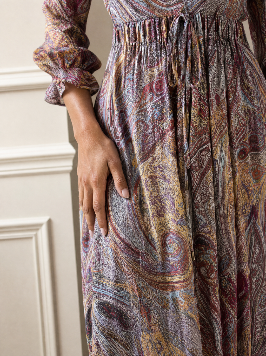Paisley Print V-Neck Long Sleeve Maxi Dress - detail