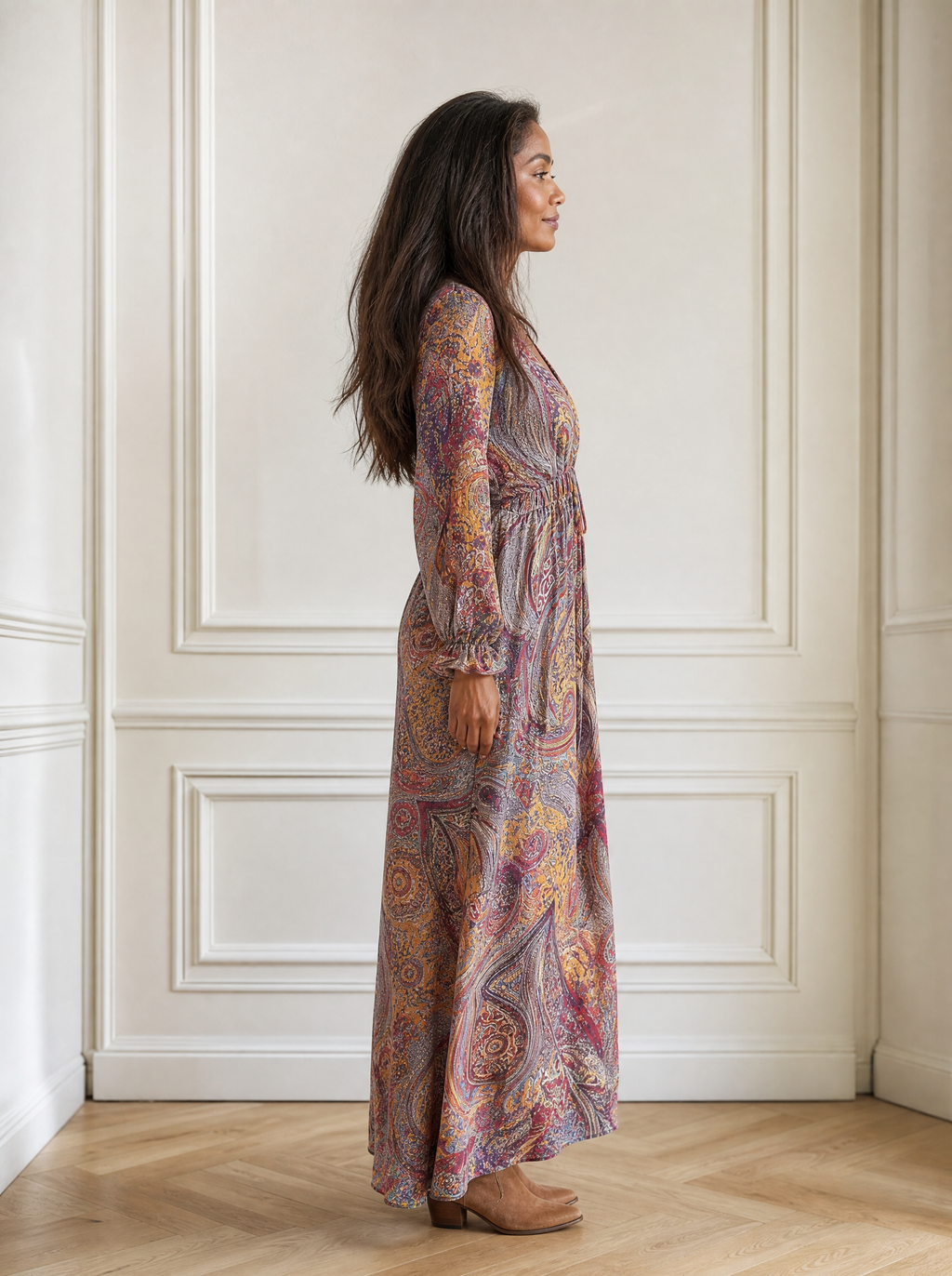 Paisley Print V-Neck Long Sleeve Maxi Dress - side