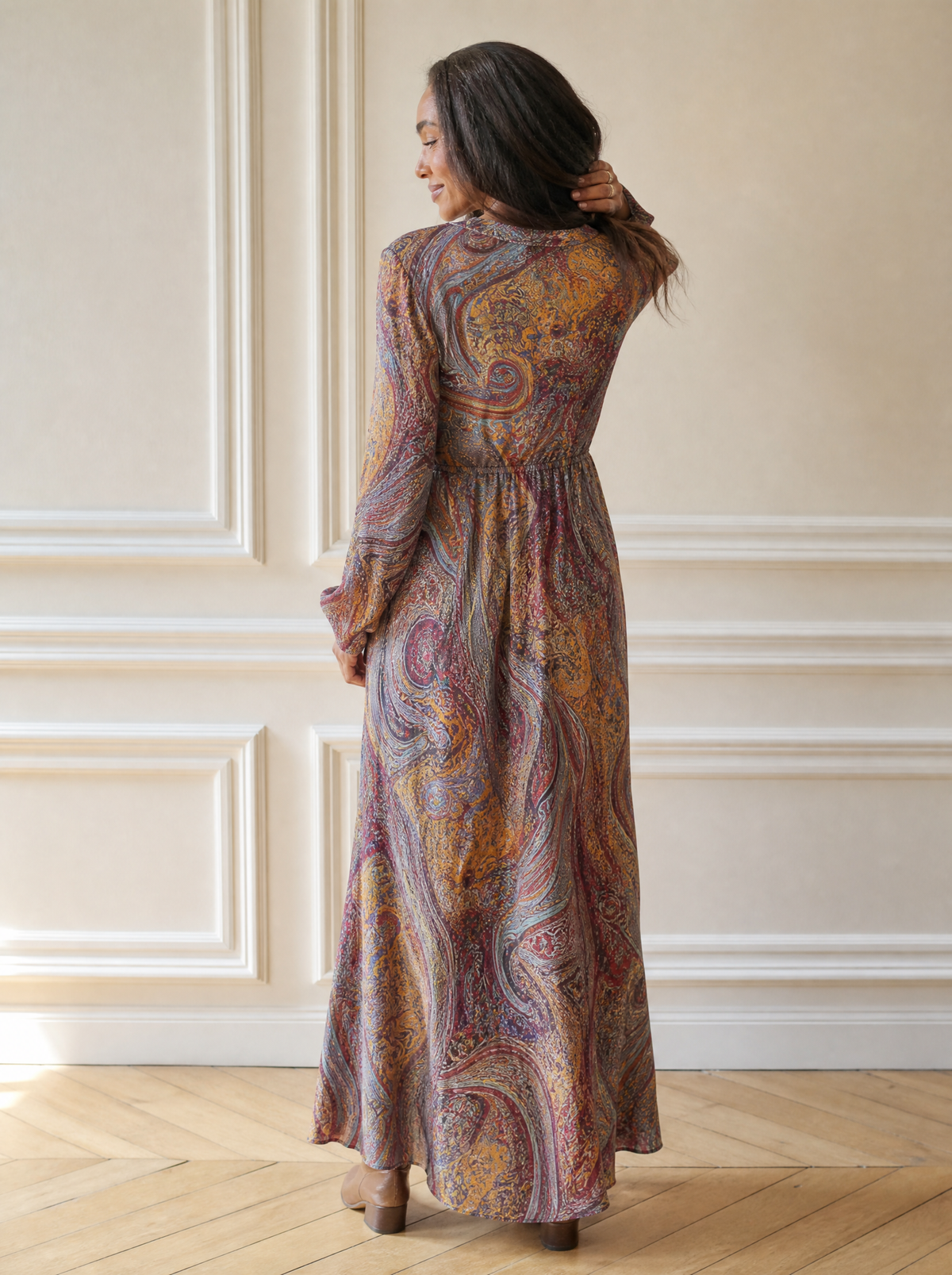 Paisley Print V-Neck Long Sleeve Maxi Dress - back