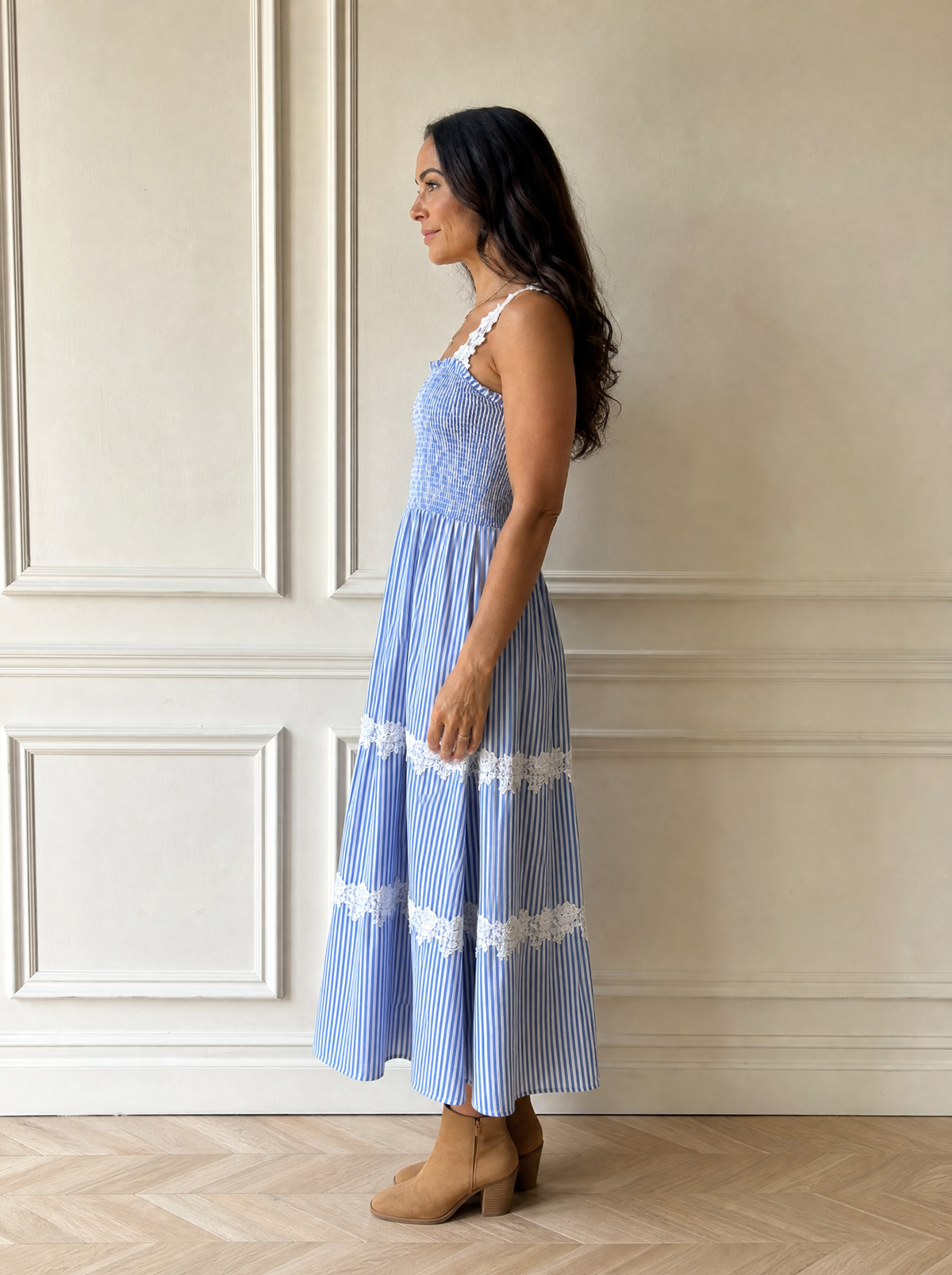 Striped Smocked Lace Trim Midi Dress - side