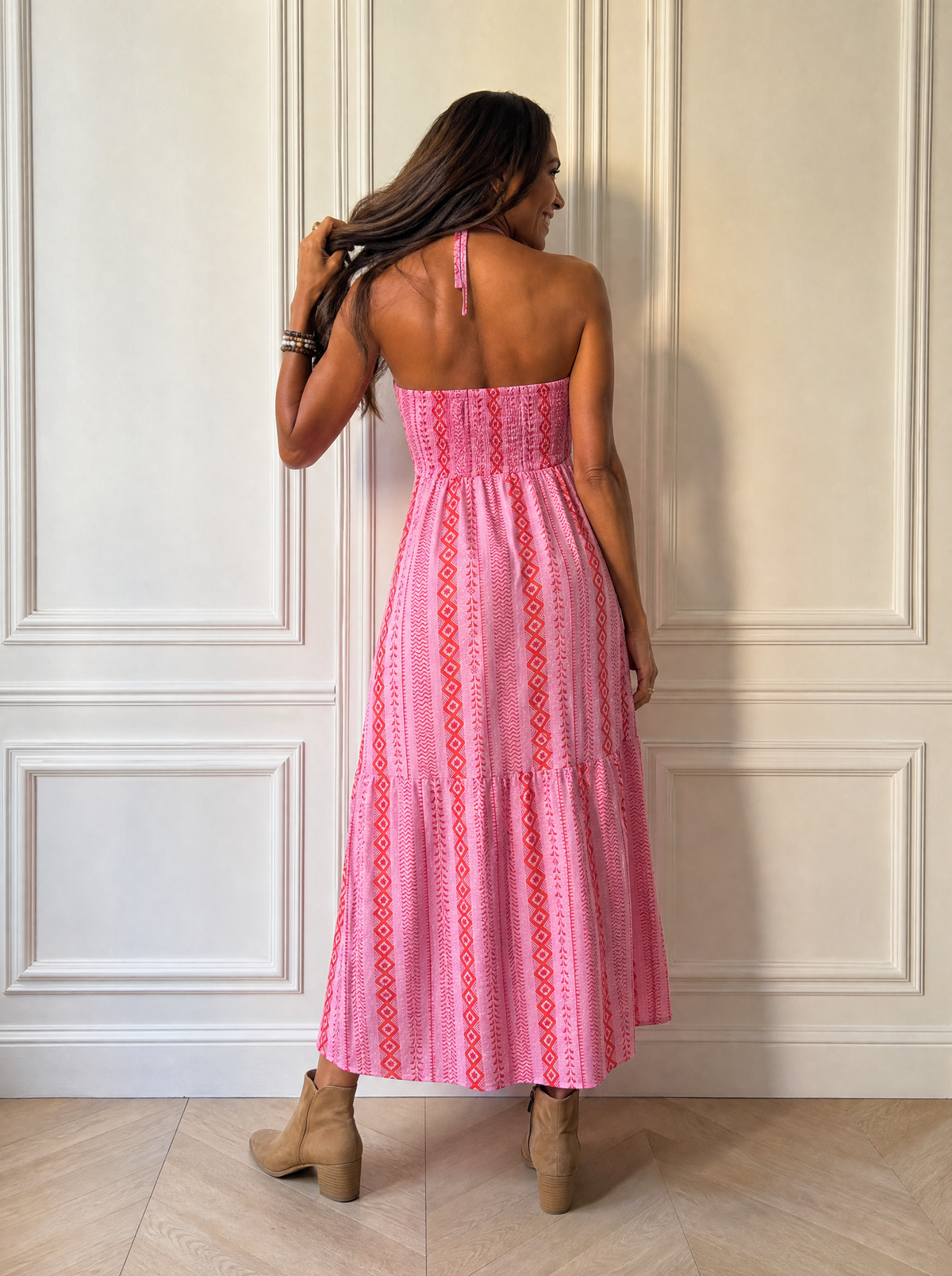 Printed Halter Neck Slit Midi Dress - back