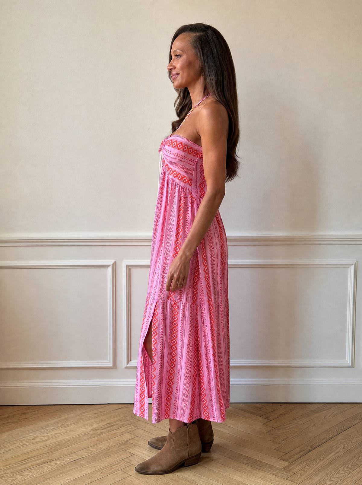 Printed Halter Neck Slit Midi Dress - side