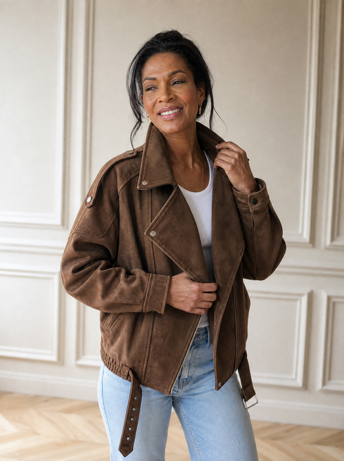 Asymmetrical Zipper Moto Jacket with Belt Detail - front