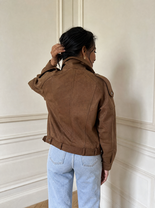 Asymmetrical Zipper Moto Jacket with Belt Detail - back