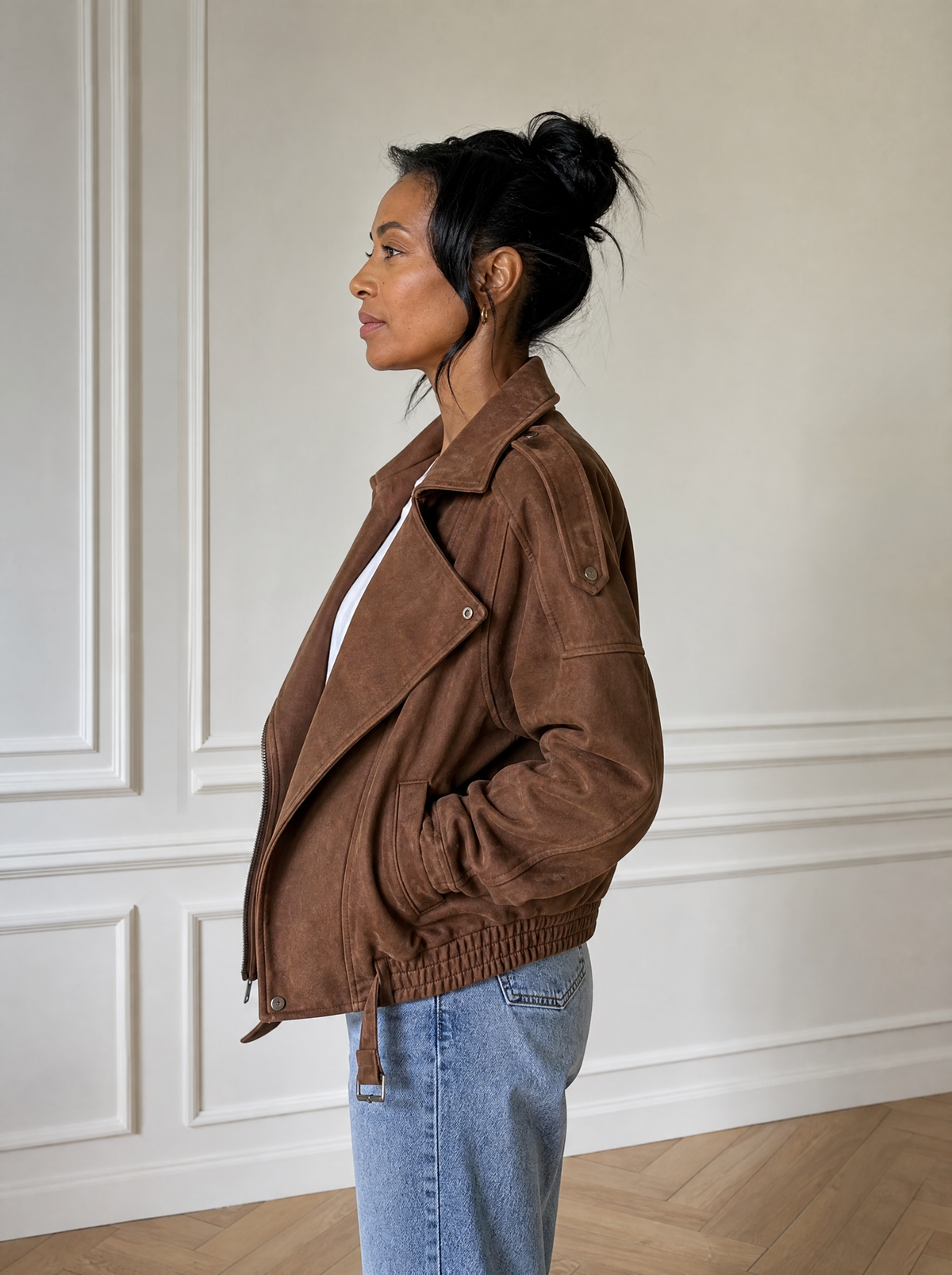 Asymmetrical Zipper Moto Jacket with Belt Detail - side