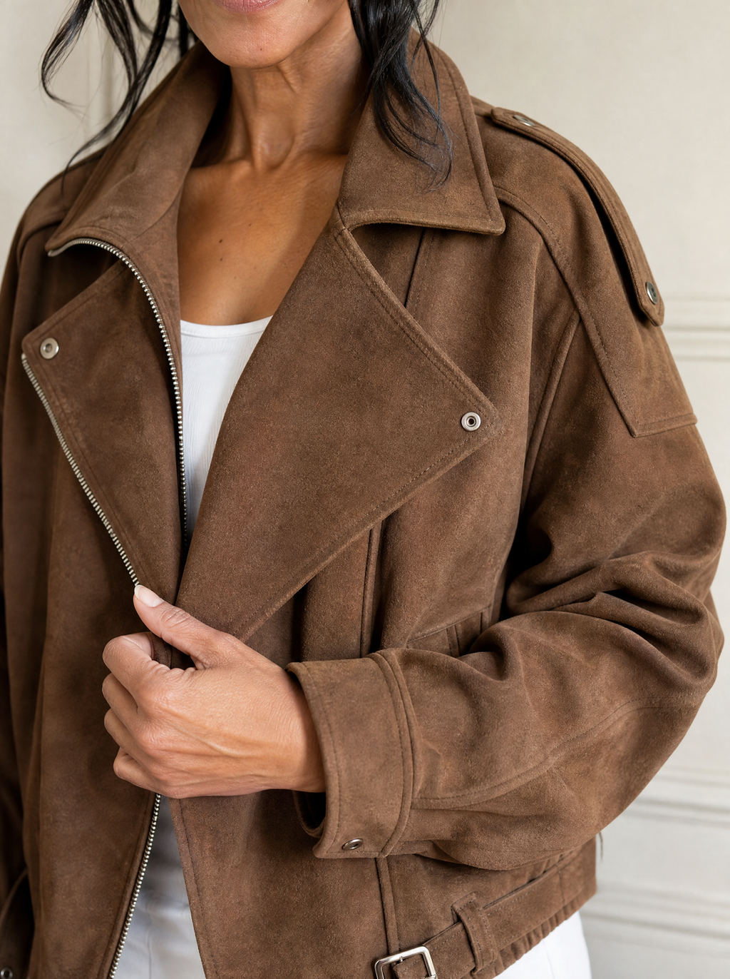 Asymmetrical Zipper Moto Jacket with Belt Detail - detail