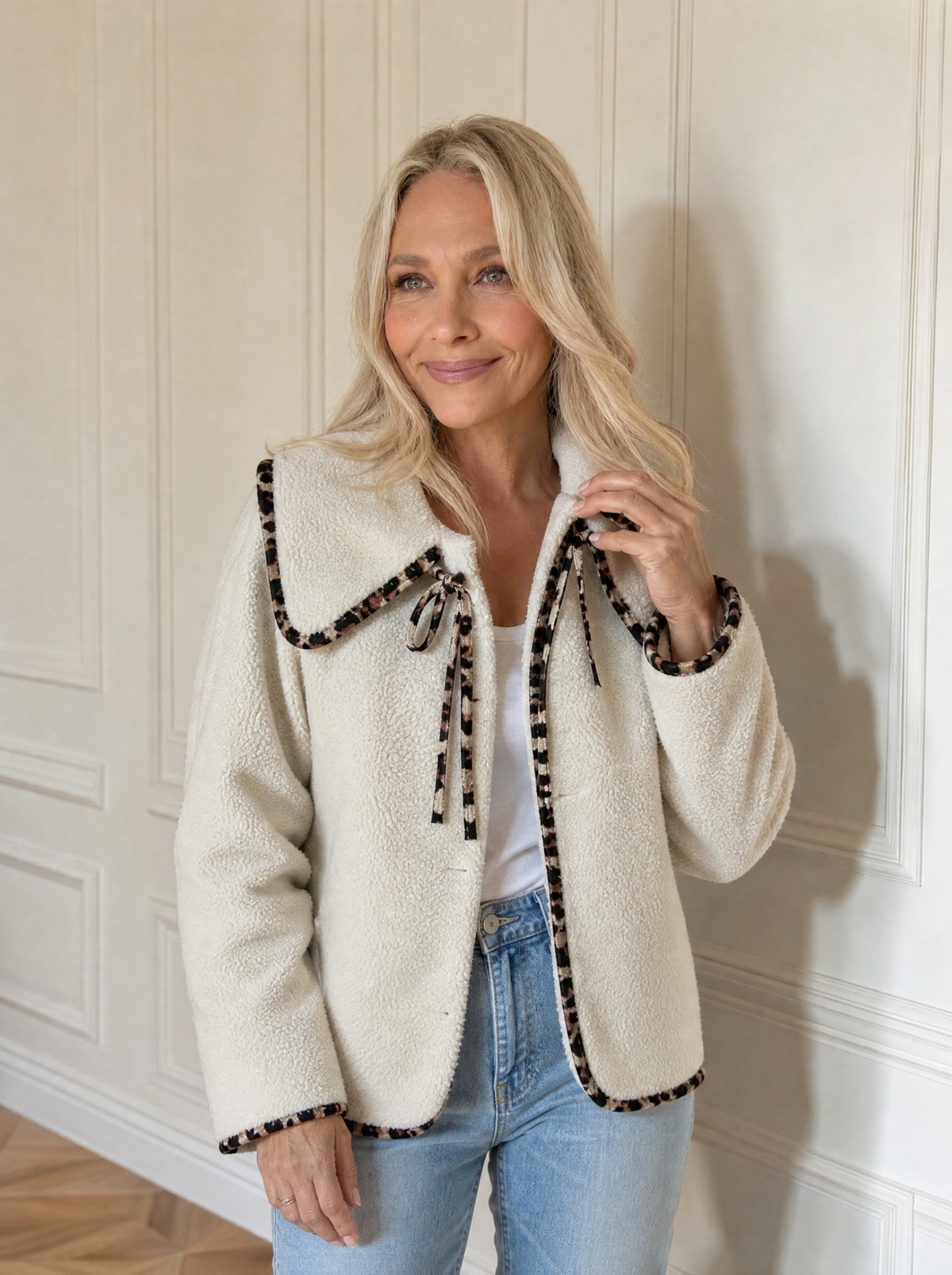 Leopard Trim Contrast Collar Sherpa Jacket - front