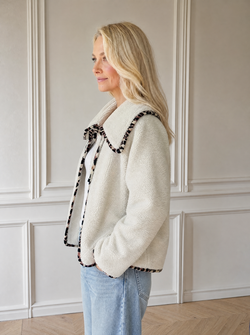 Leopard Trim Contrast Collar Sherpa Jacket - side