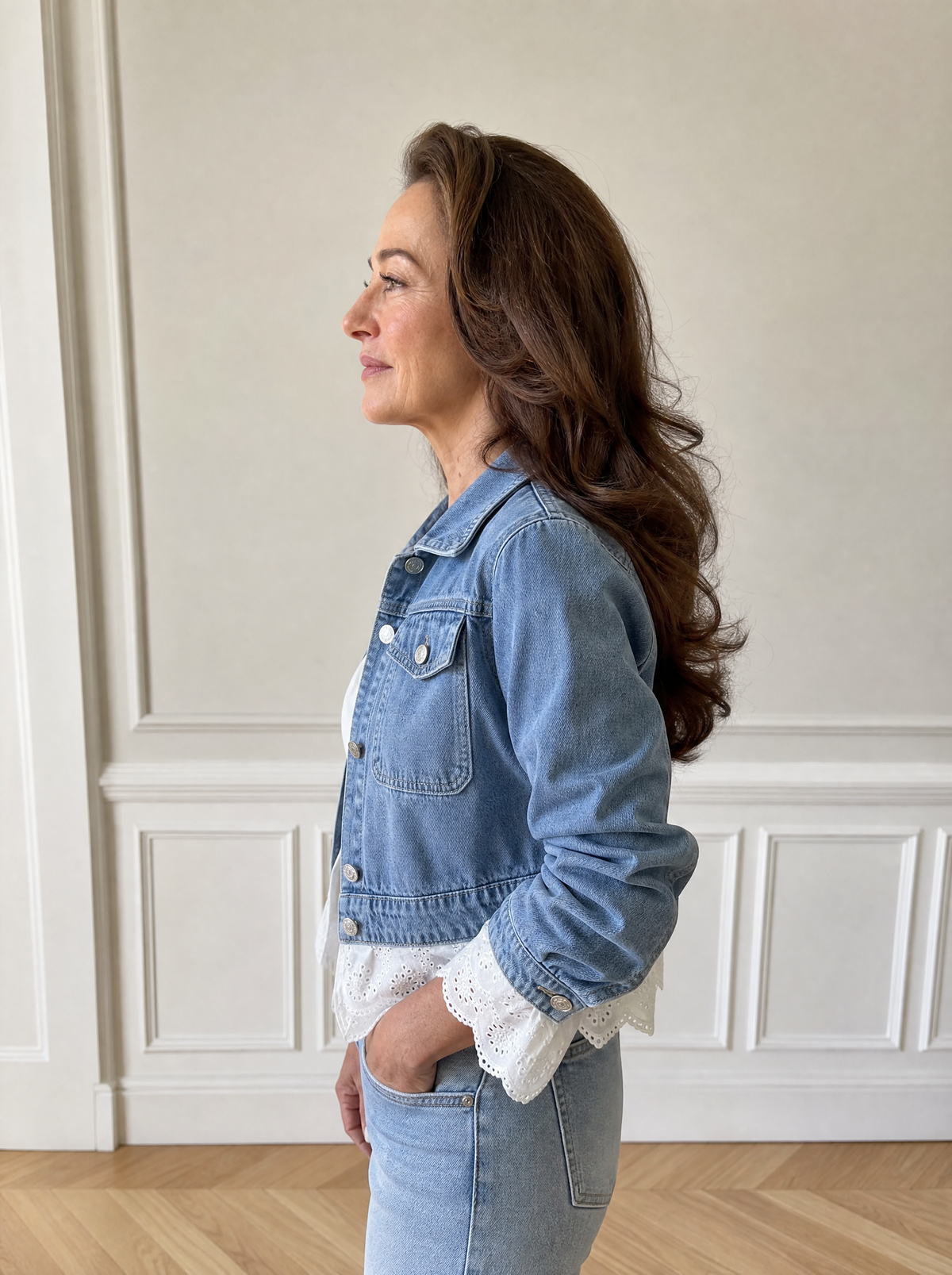 Cropped Denim Jacket with Lace Trim - side