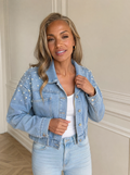 Pearl Embellished Cropped Denim Jacket - front