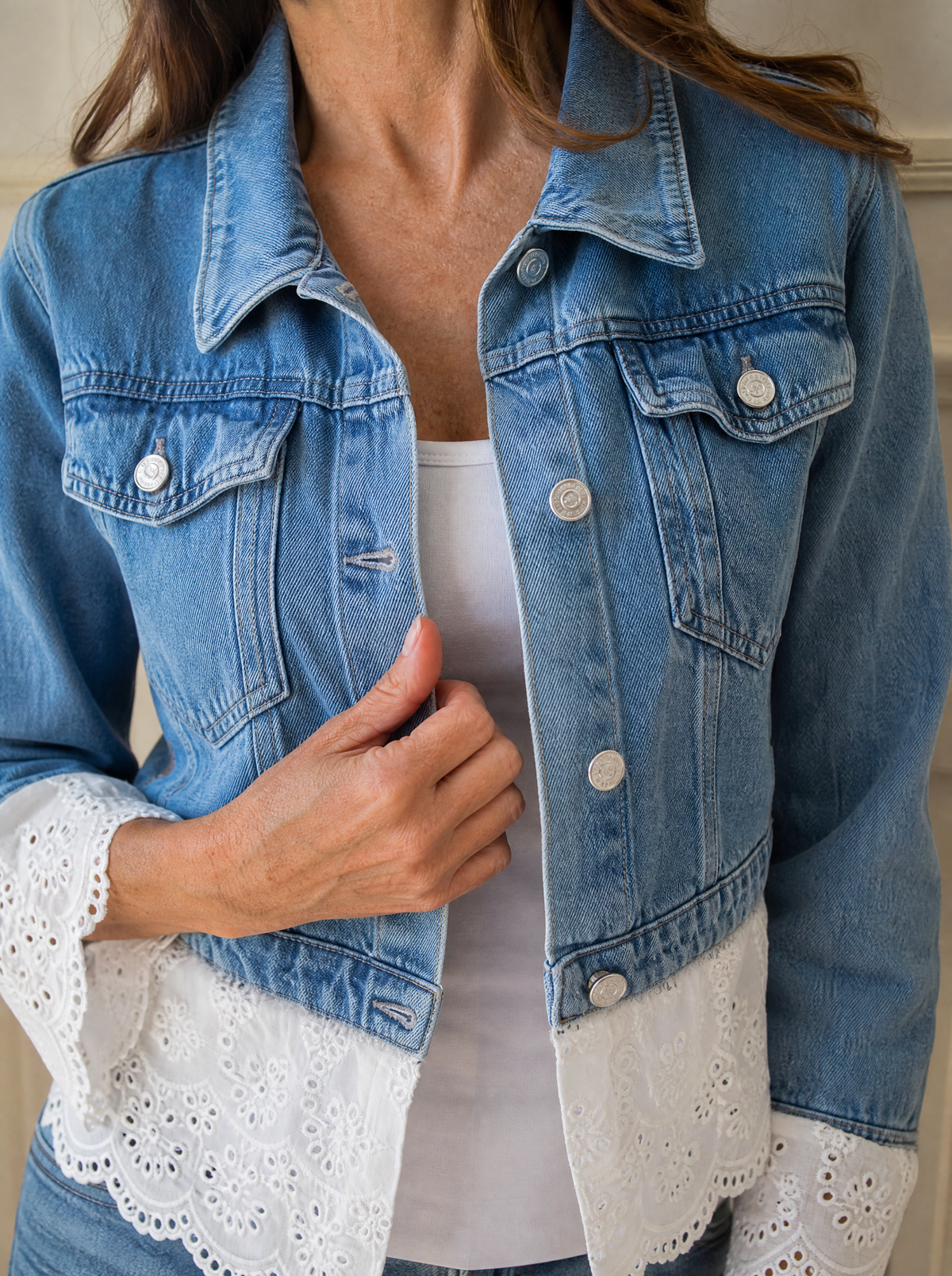 Cropped Denim Jacket with Lace Trim - detail