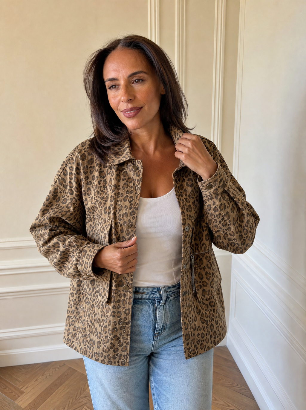 Leopard Print Denim Jacket - front