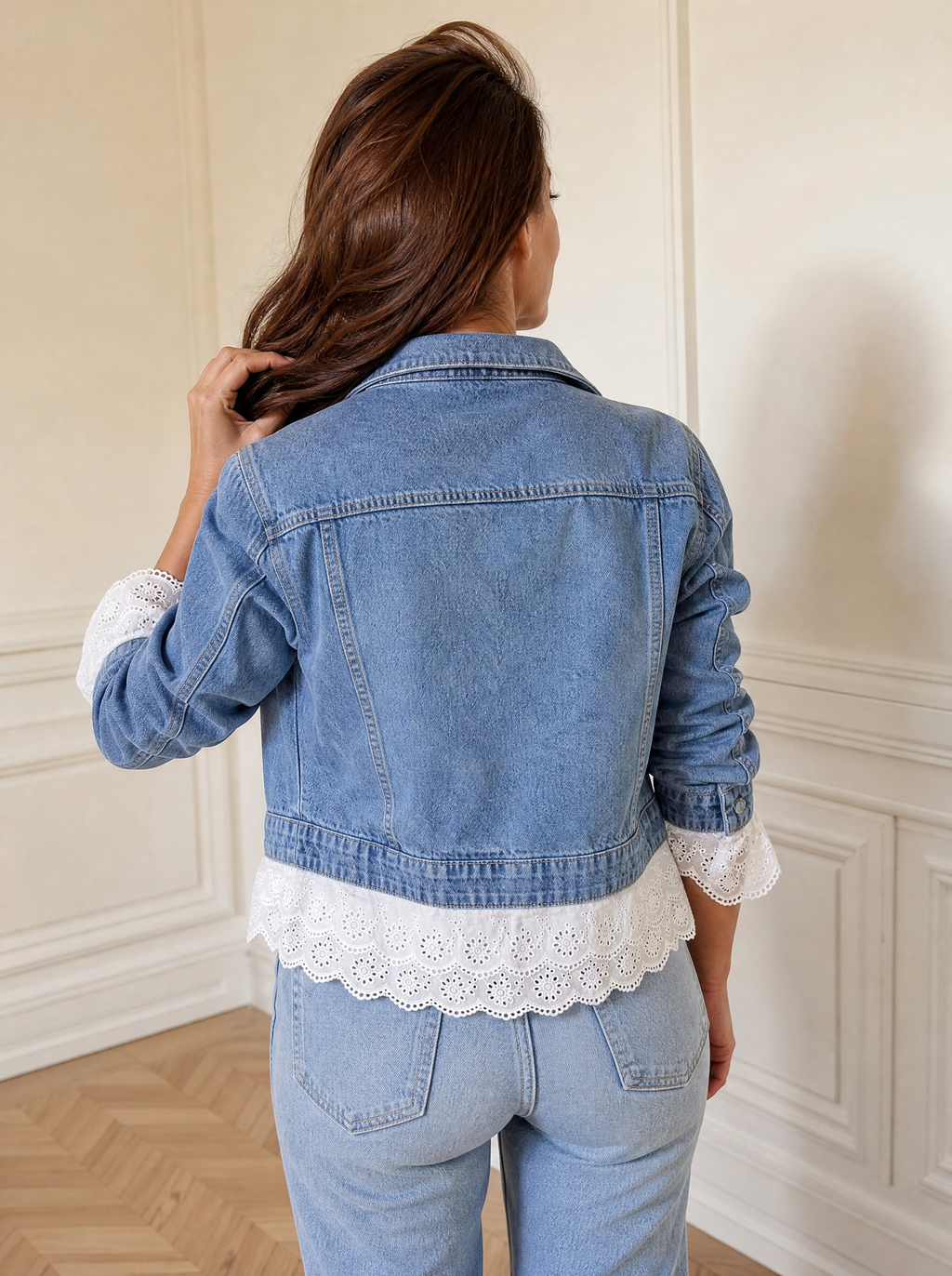 Cropped Denim Jacket with Lace Trim - back