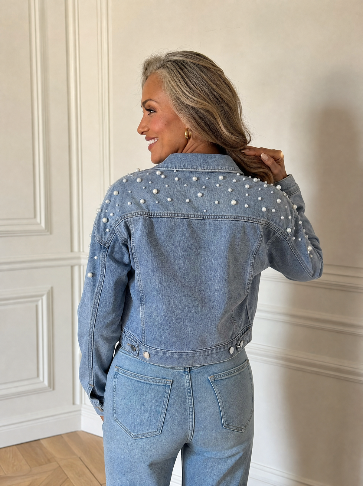 Pearl Embellished Cropped Denim Jacket - back