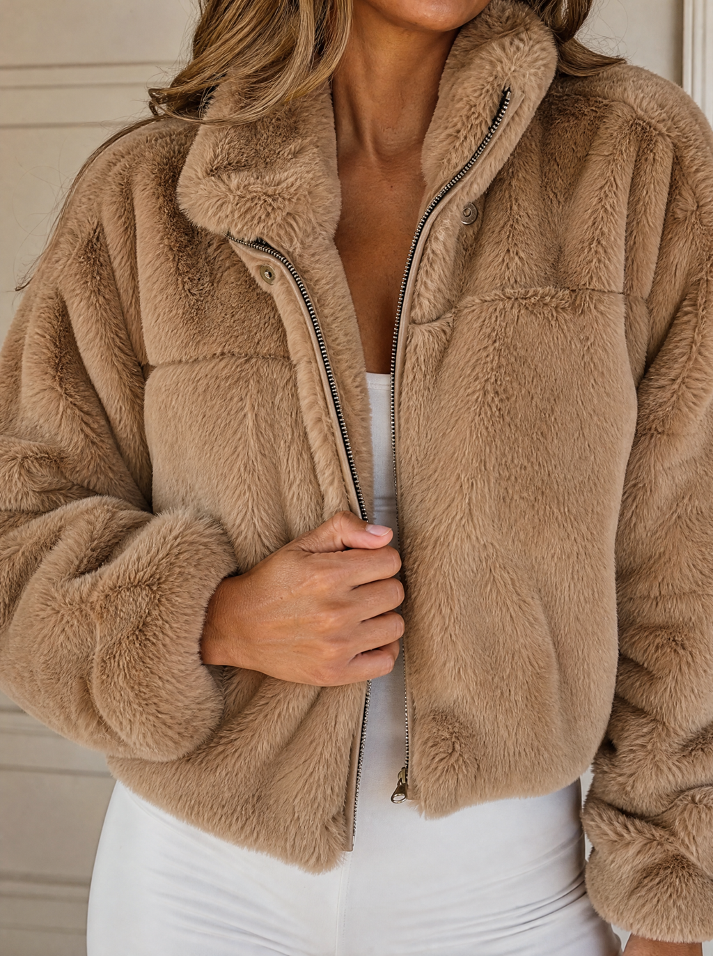 Full Size Faux Fur Cropped Zip-Up Jacket Plus Size - detail