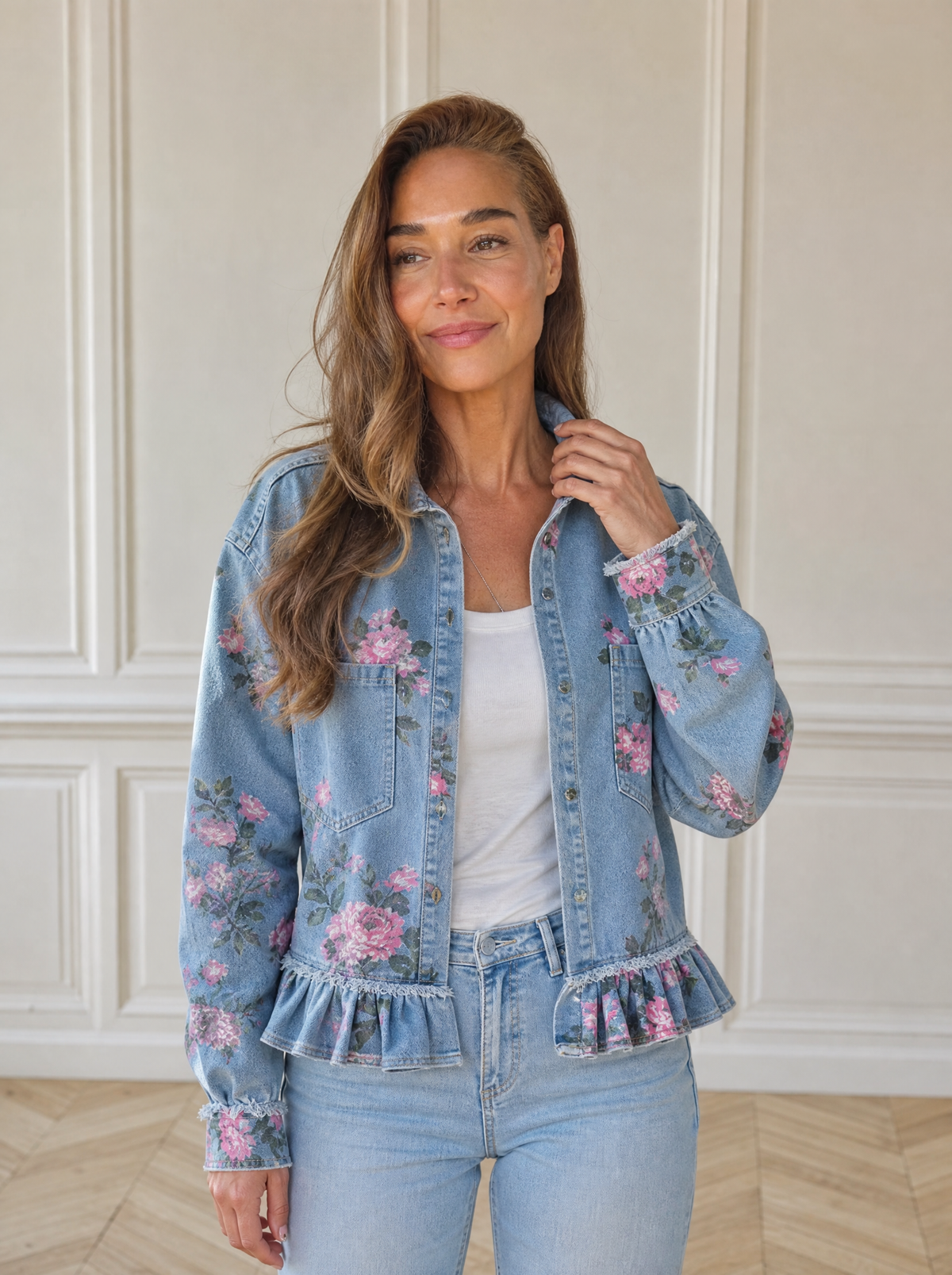 Floral Print Denim Jacket with Ruffled Hem - front