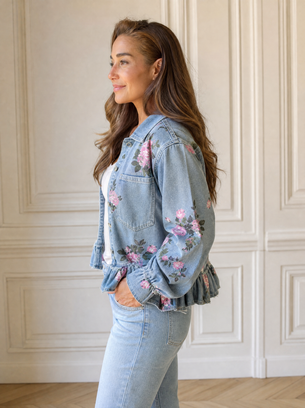 Floral Print Denim Jacket with Ruffled Hem - side