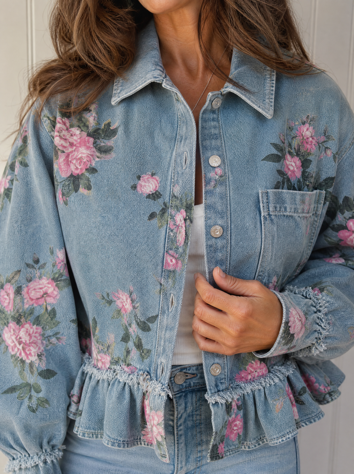 Floral Print Denim Jacket with Ruffled Hem - detail
