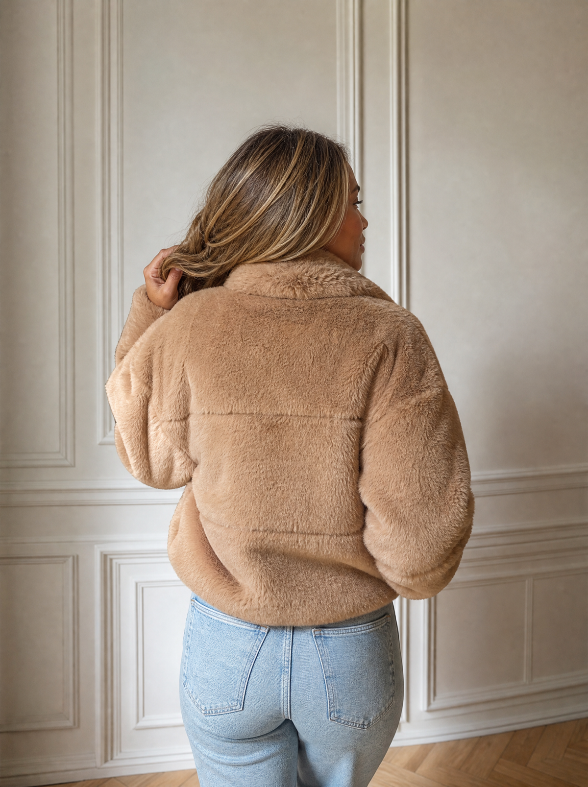 Full Size Faux Fur Cropped Zip-Up Jacket Plus Size - back