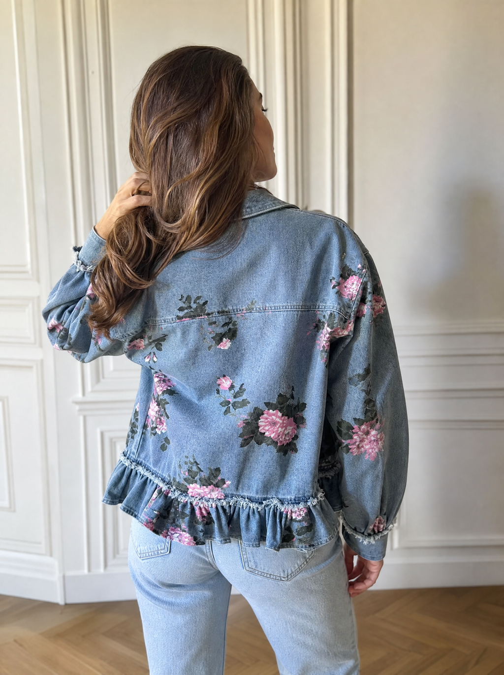 Floral Print Denim Jacket with Ruffled Hem - back