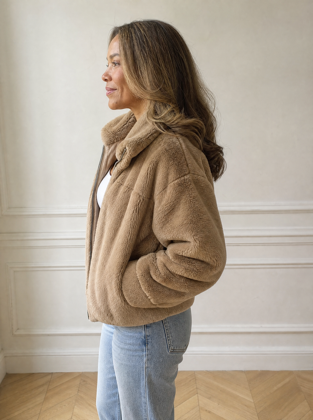 Full Size Faux Fur Cropped Zip-Up Jacket Plus Size - side