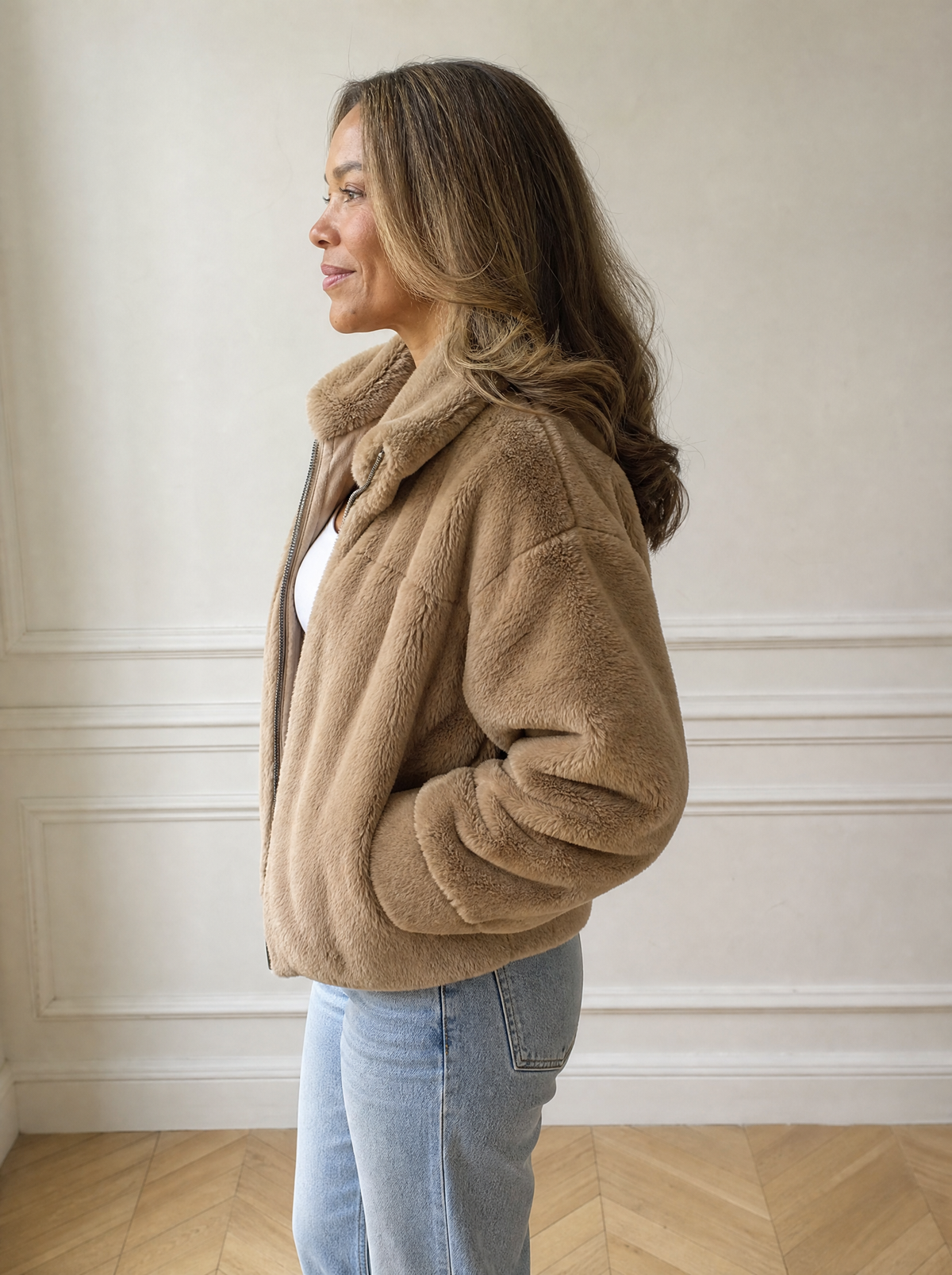 Full Size Faux Fur Cropped Zip-Up Jacket Plus Size - side