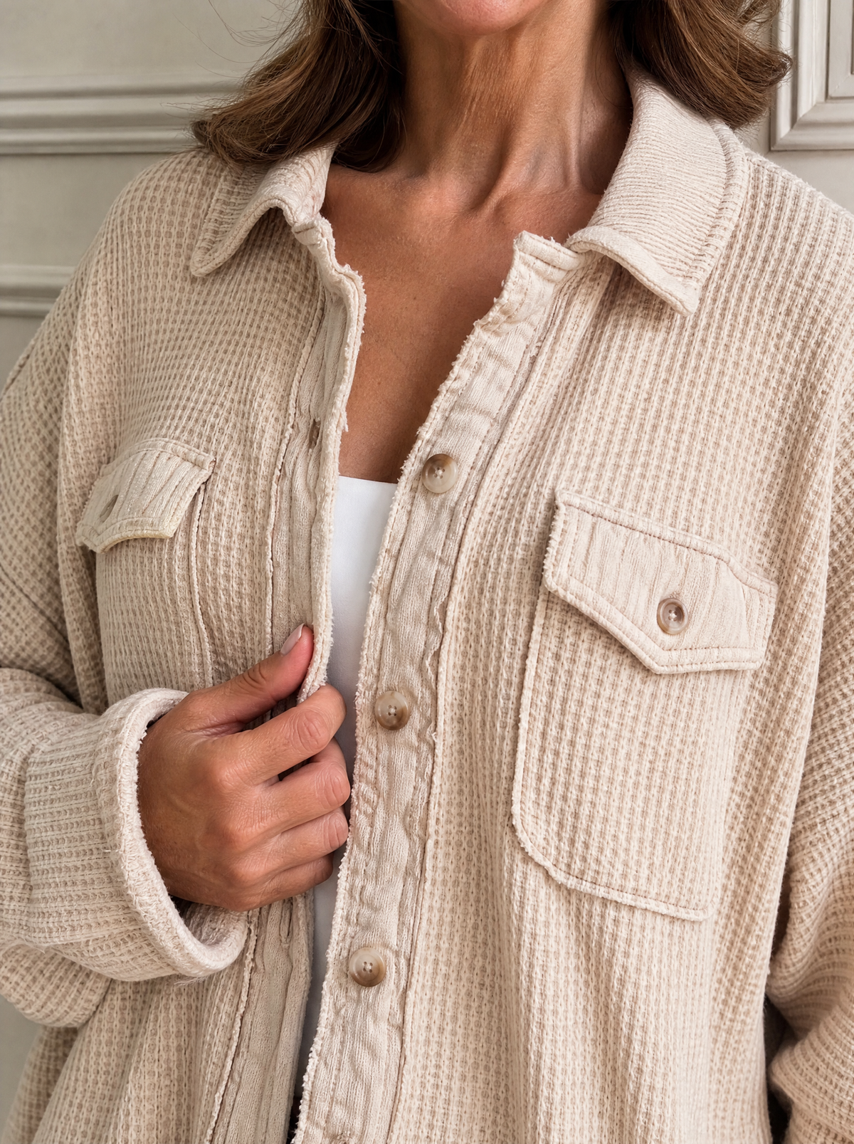 Oversized Waffle Knit Button-Up Jacket - detail