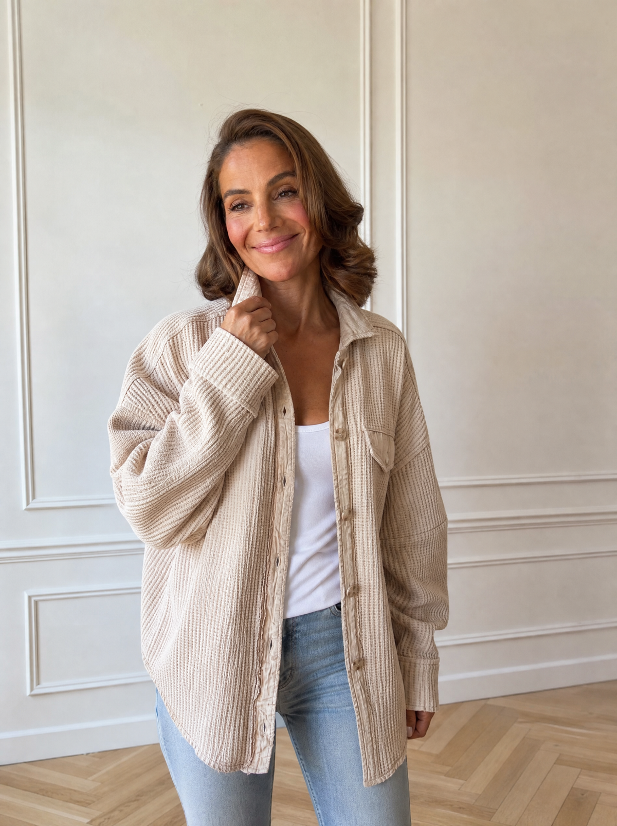 Oversized Waffle Knit Button-Up Jacket - front