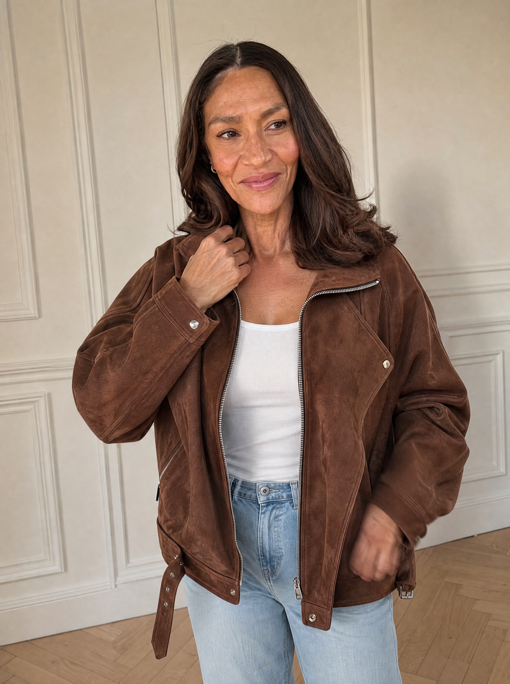 Zip Up Dropped Shoulder Moto Jacket - front