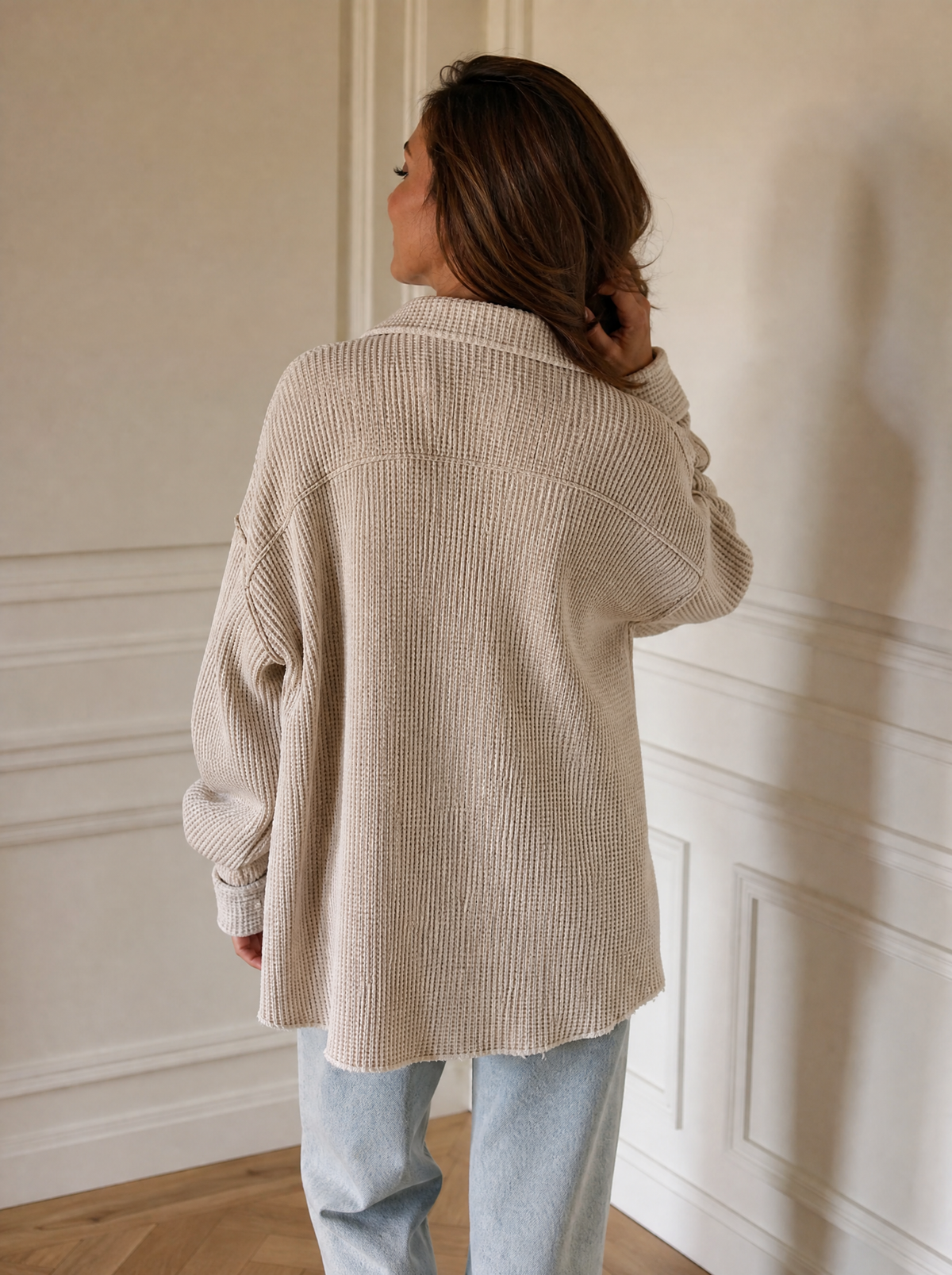 Oversized Waffle Knit Button-Up Jacket - back