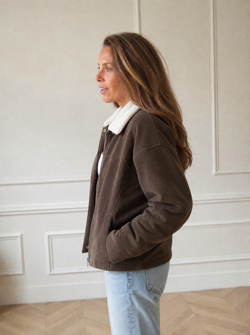 Contrast Sherpa Collar Corduroy Zip Up Jacket - side