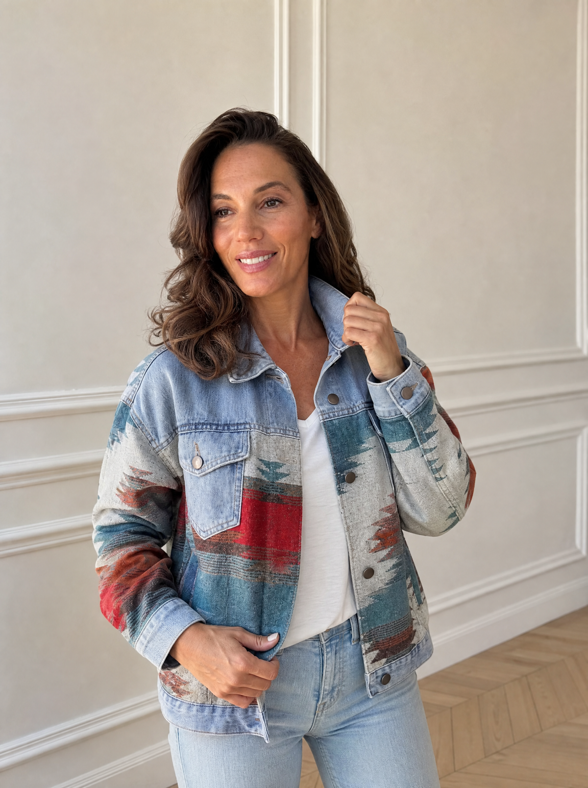 Geometric Print Denim Jacket - front