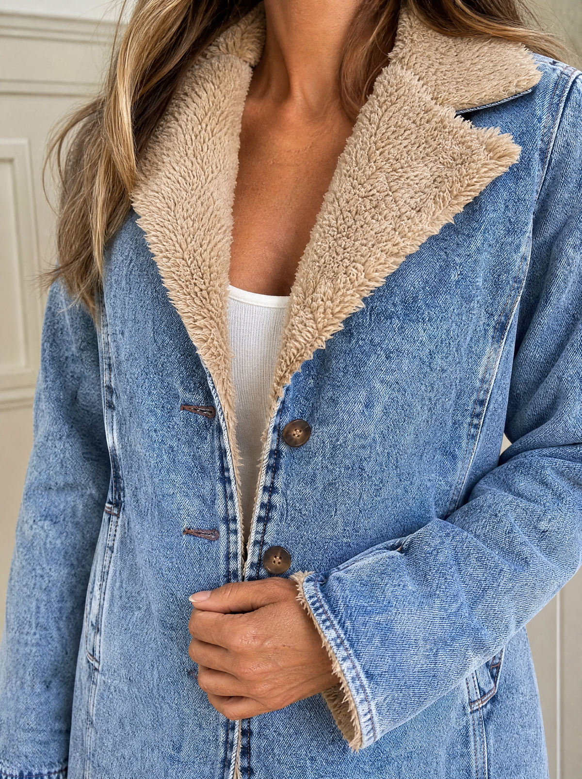 Vintage Acid Wash Sherpa-Lined Denim Jacket - detail
