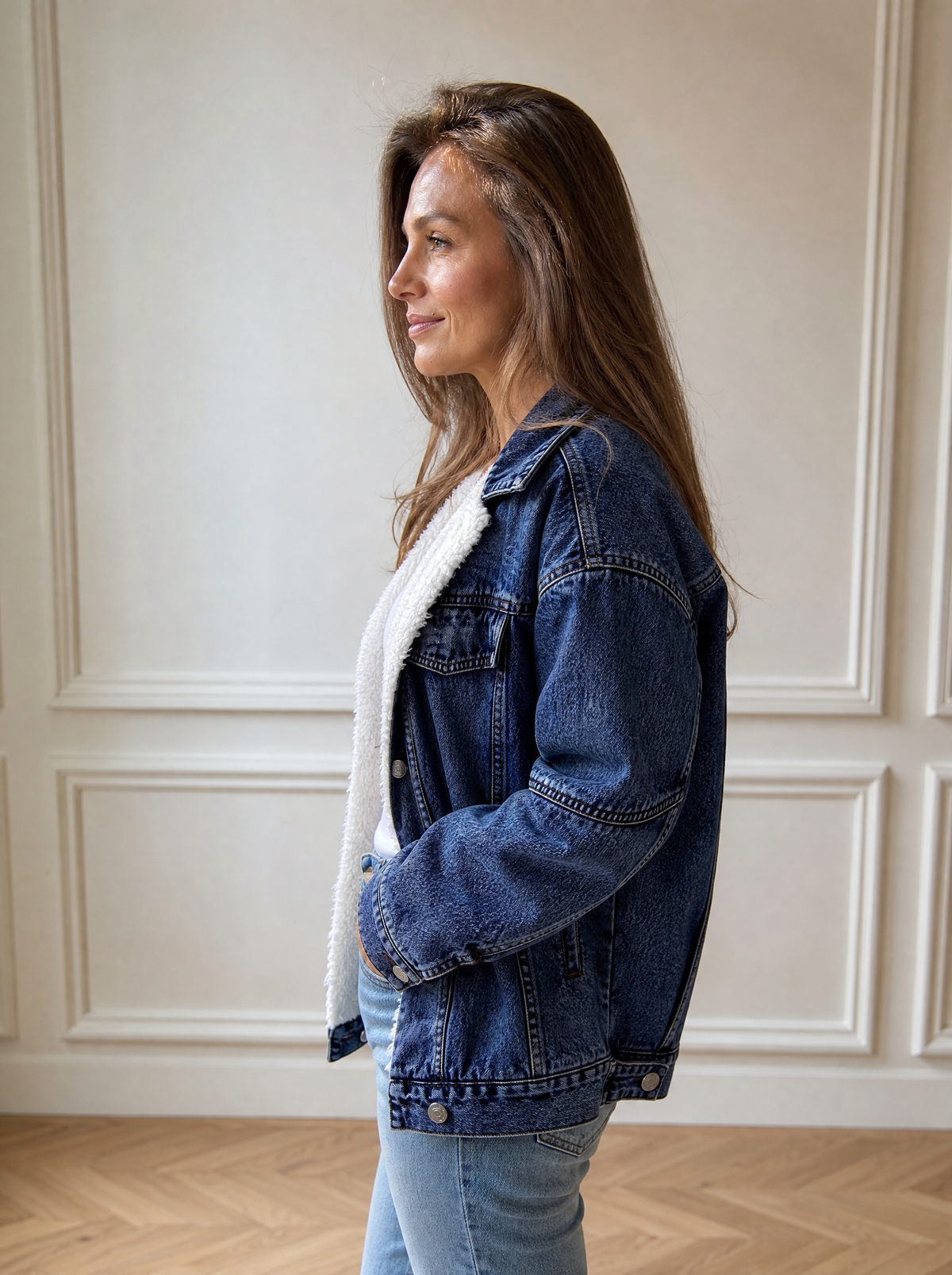 Sherpa-Lined Button Up Denim Jacket - side
