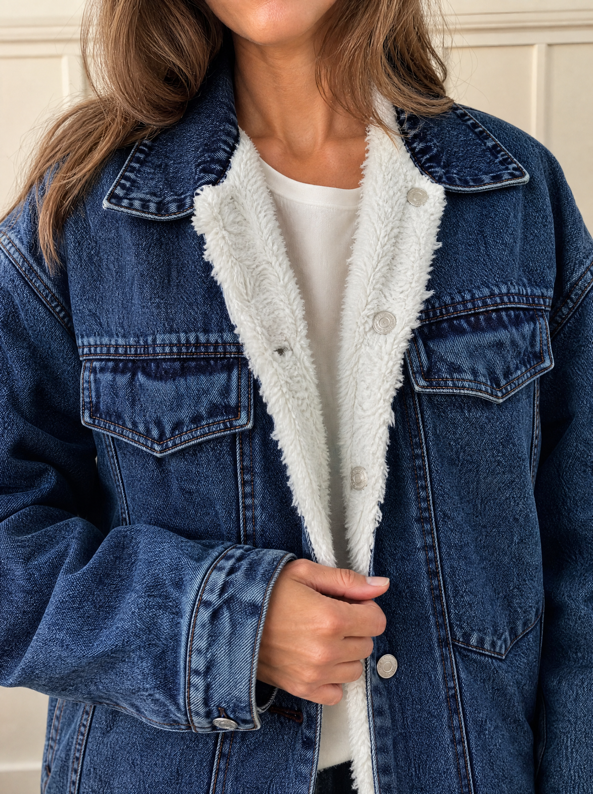 Sherpa-Lined Button Up Denim Jacket - detail