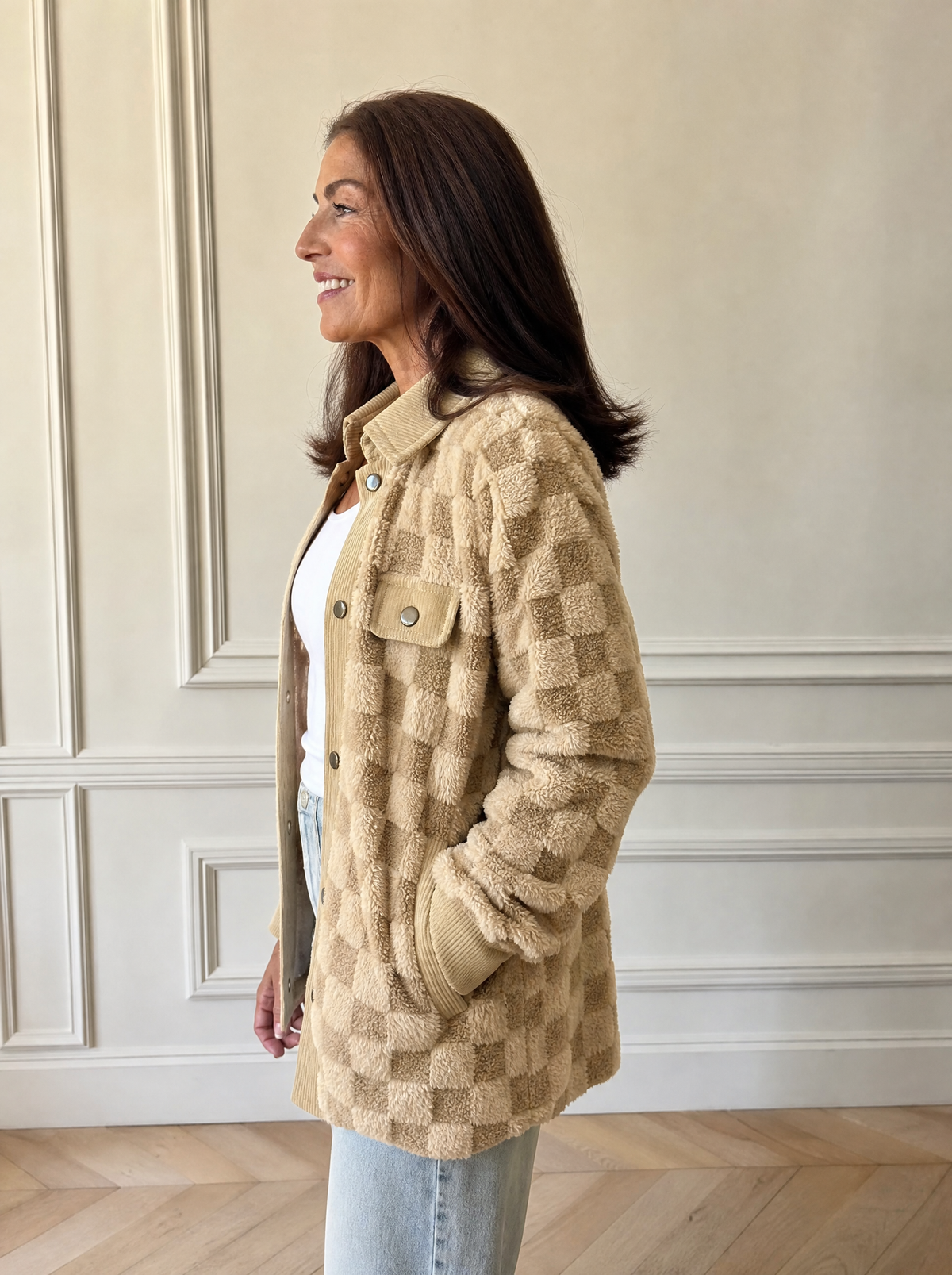 Plush Checkered Corduroy Trim Metal Button Long Sleeve Shift Silhouette Shacket - side