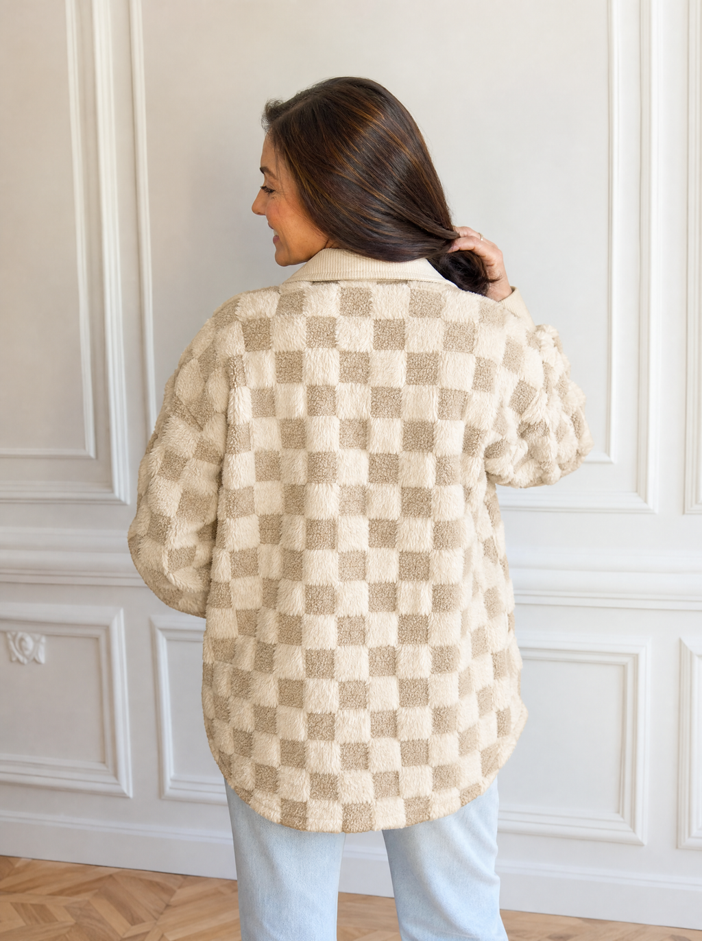 Plush Checkered Corduroy Trim Metal Button Long Sleeve Shift Silhouette Shacket - back