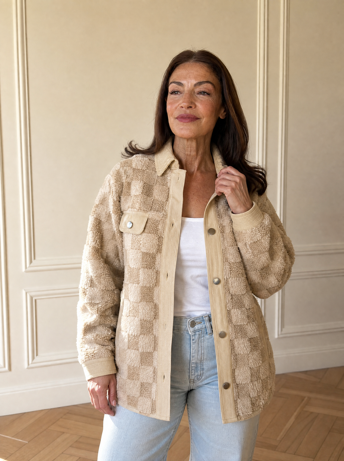 Plush Checkered Corduroy Trim Metal Button Long Sleeve Shift Silhouette Shacket - front