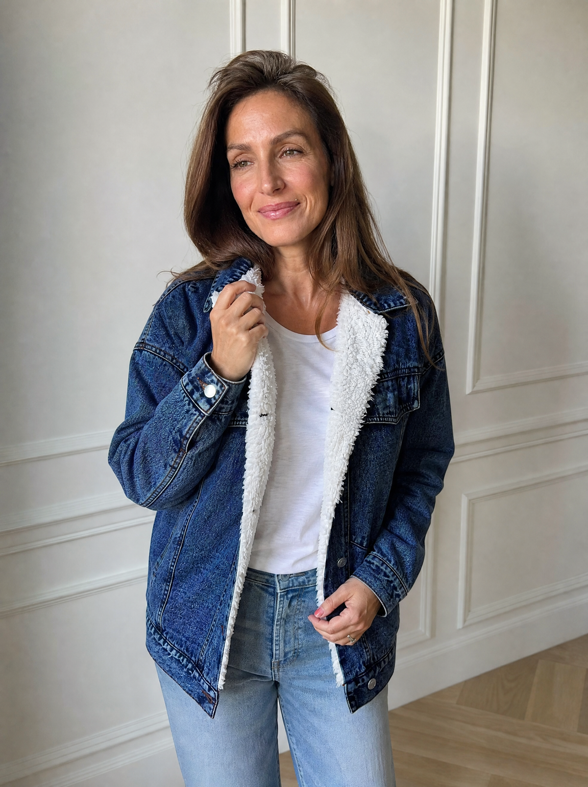 Sherpa-Lined Button Up Denim Jacket - front