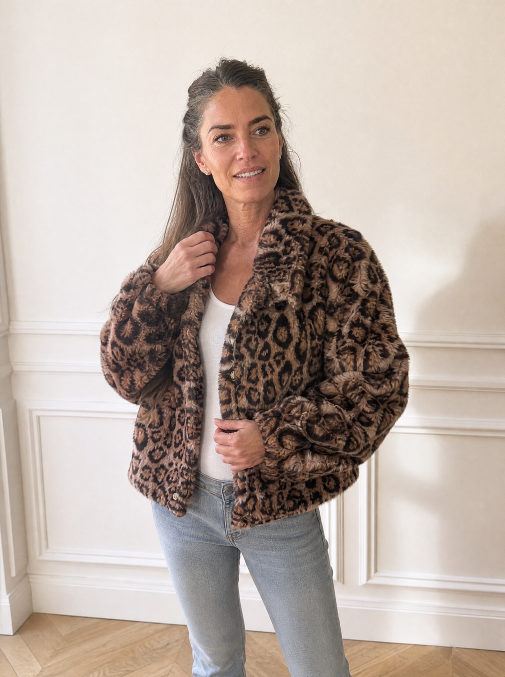 Leopard Faux Fur Cropped Jacket - front