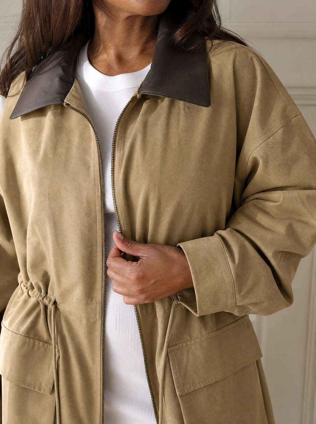 Oversized Contrast Collar Jacket with Drawstring Waist - detail