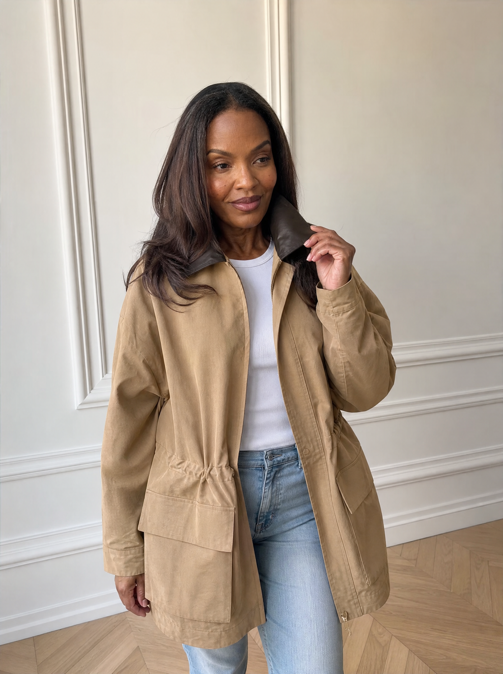 Oversized Contrast Collar Jacket with Drawstring Waist - front