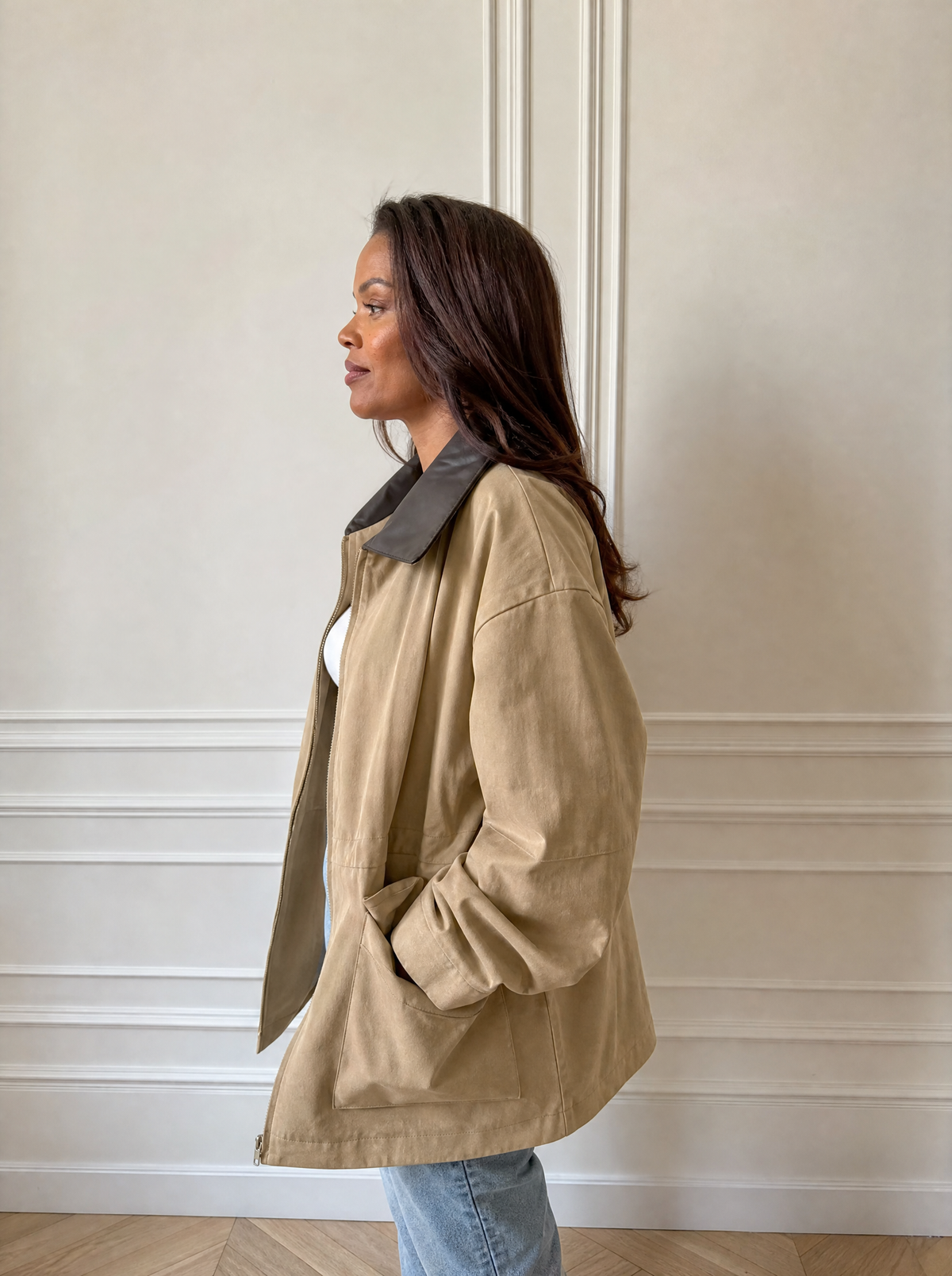 Oversized Contrast Collar Jacket with Drawstring Waist - side