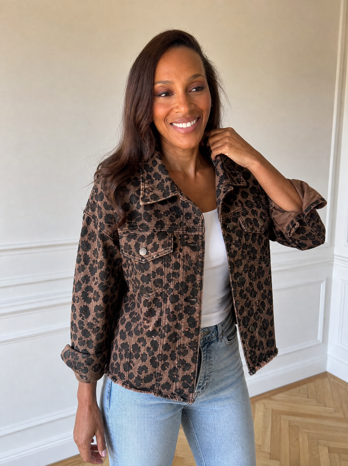 Leopard Print Raw Hem Denim Jacket - front