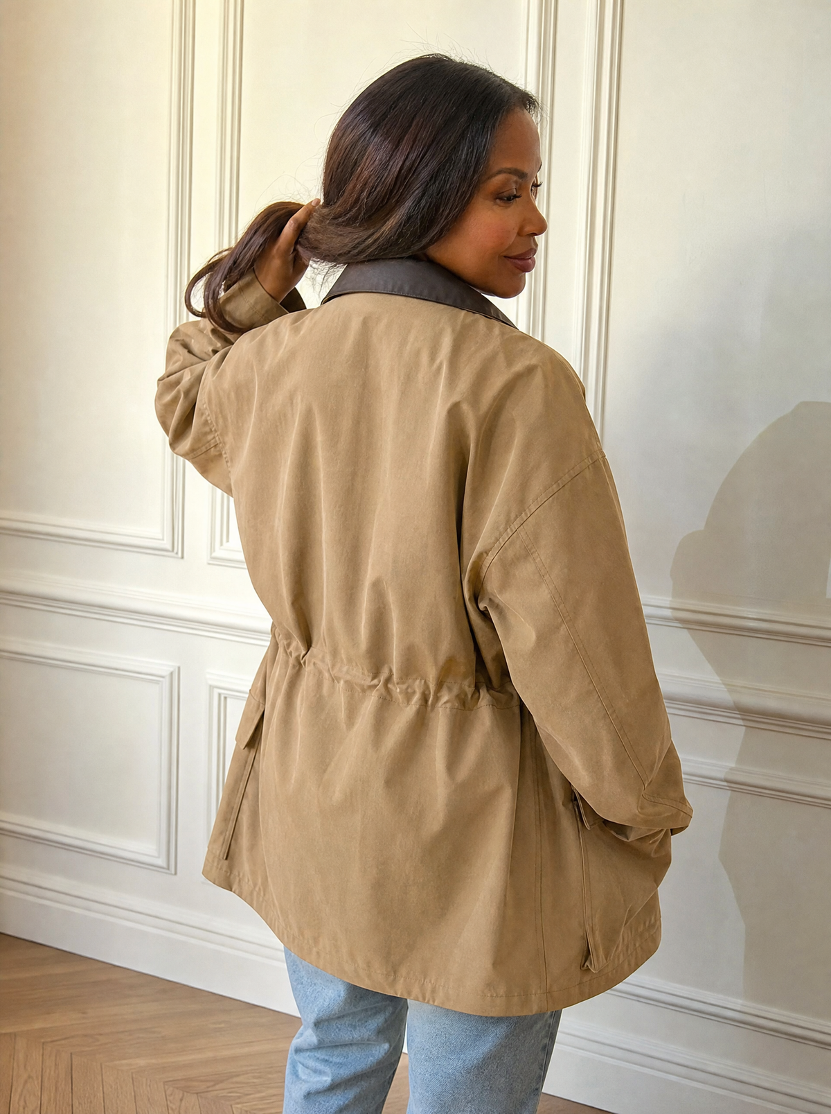Oversized Contrast Collar Jacket with Drawstring Waist - back