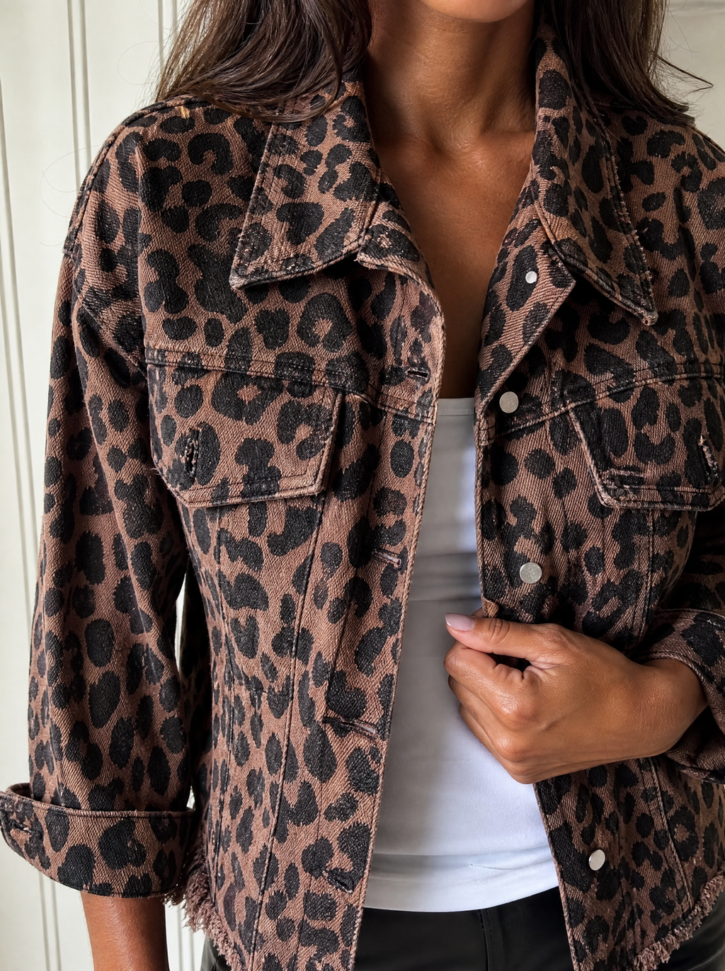 Leopard Print Raw Hem Denim Jacket - detail